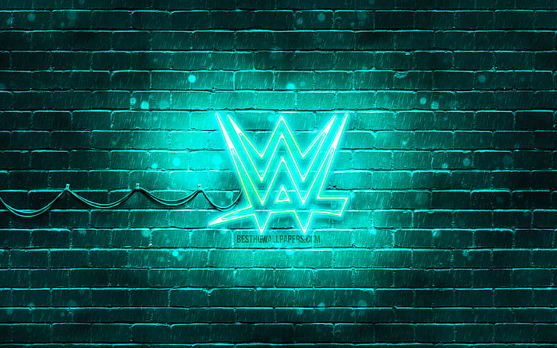 WWE turquoise logo, turquoise brickwall, World Wrestling Entertainment, WWE logo, brands, WWE neon logo, WWE, HD wallpaper