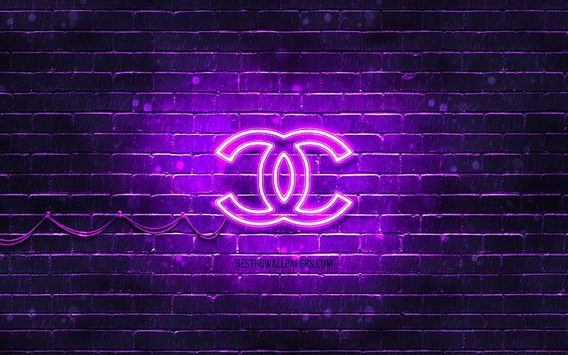 Chanel violet logo violet brickwall, Chanel logo, brands, Chanel neon logo, Chanel, HD wallpaper