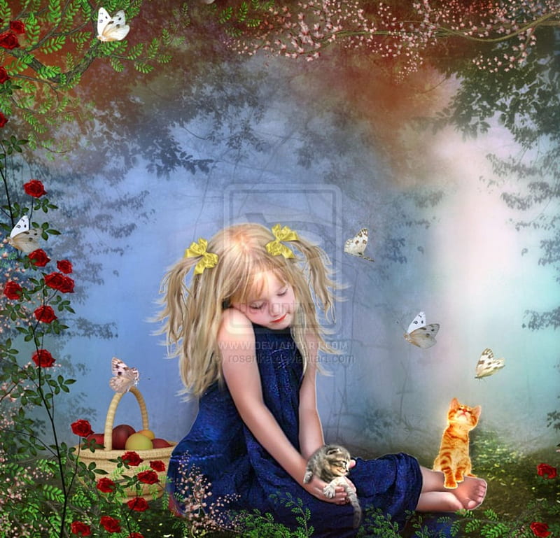 ✰BRING UP✰, pretty, grass, fruits, adorable, picnic, women, sweet, fantasy, butterfly, manipulation, love, bright, flowers, bring up, face, lovely, models, apples, lips, trees, cute, caring, cool, eyes, cats, red roses, colorful, together, bonito, digital art, hair, leaves, people, nurtured, girls, animals, female, colors, butterflies, roses, plants, basket, kitten, HD wallpaper