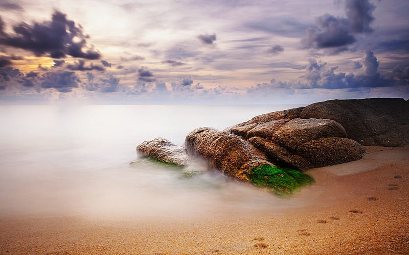 Stones sand moss traces-Scenery, HD wallpaper