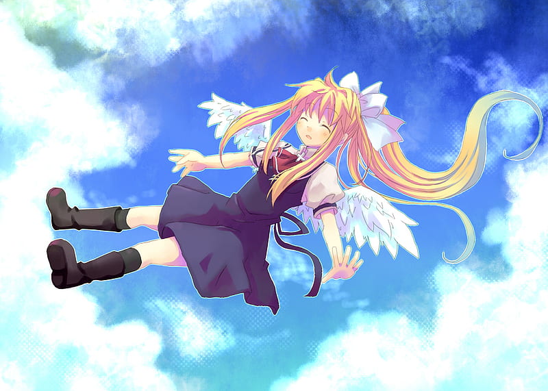 Kamio Misuzu, schoolgirl, wings, ribbon, blonde hair, smile, sky, clouds, air, blue eyes, long hair, air tv, HD wallpaper