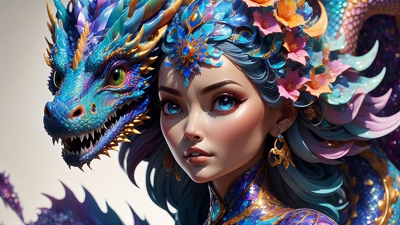 Girl and dragon, neuroset, blue, fantasy, dragon, face, girl, HD wallpaper
