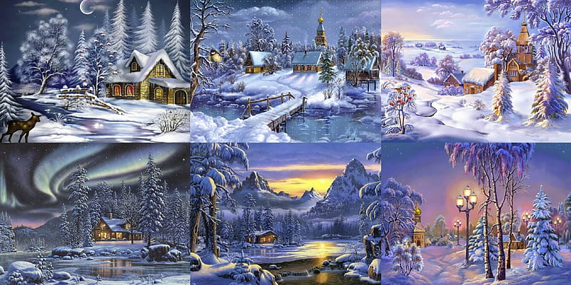 Winters Magic, sun, cottage, lamppost, winter, water, snow, bridge, ice, river, HD wallpaper