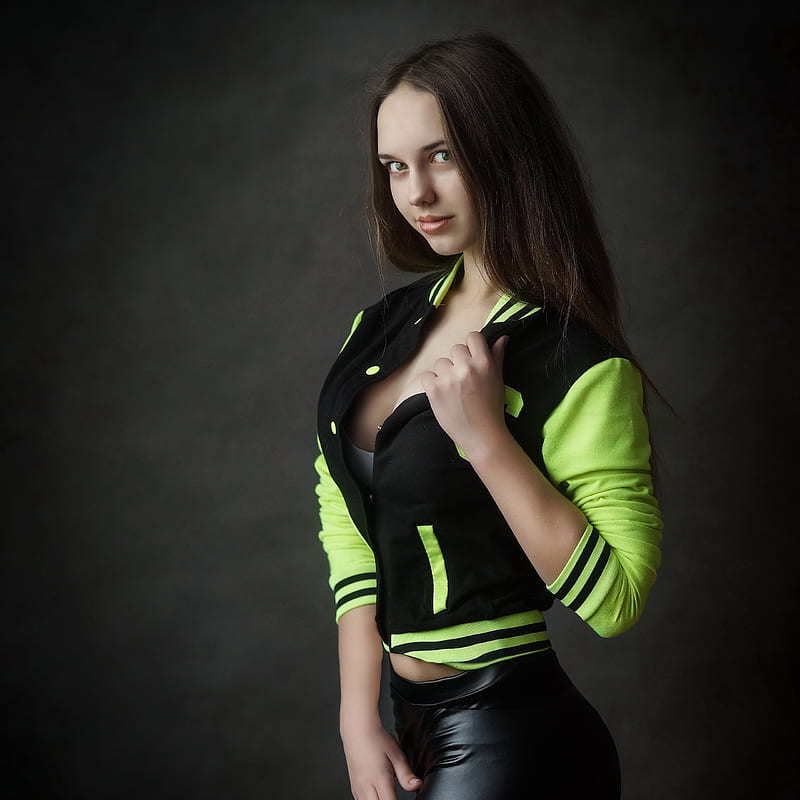 women, model, smiling, simple background, leather pants , blouse, blouses, Ilya Filimoshin, HD phone wallpaper