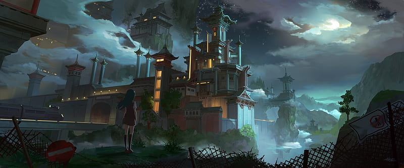 anime girl, castle, night, scenic, fantasy, moon, clouds, Anime, HD wallpaper