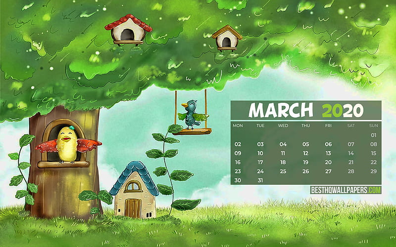 March 2020 Calendar, cartoon forest, 2020 calendar, spring calendars, March 2020, creative, cartoon animals, March 2020 calendar with animals, Calendar March 2020, green background, 2020 calendars, HD wallpaper