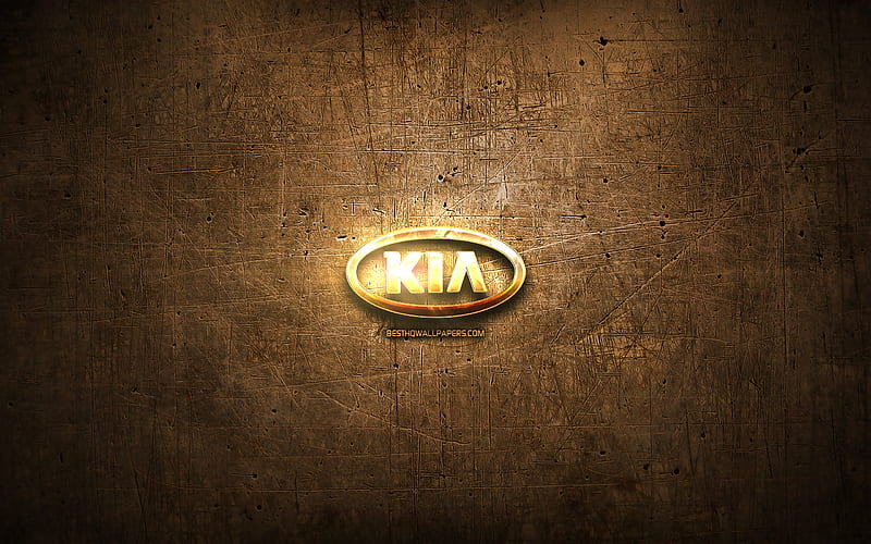 KIA golden logo, cars brands, artwork, brown metal background, creative, KIA logo, brands, KIA, HD wallpaper