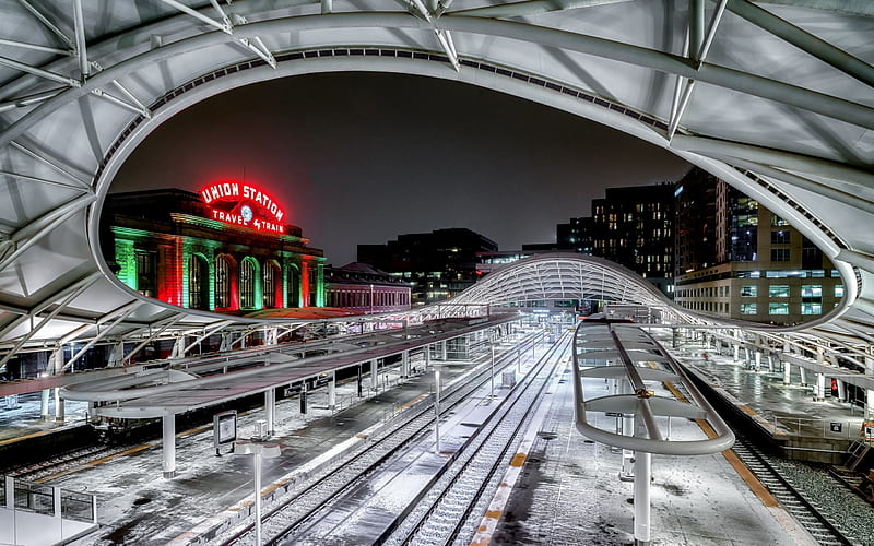 Union Station, railway station, Denver, Colorado, winter, snow, night, USA, HD wallpaper