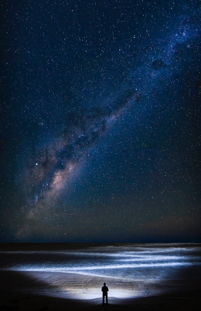 coast, night, silhouette, starry sky, ocean, HD phone wallpaper