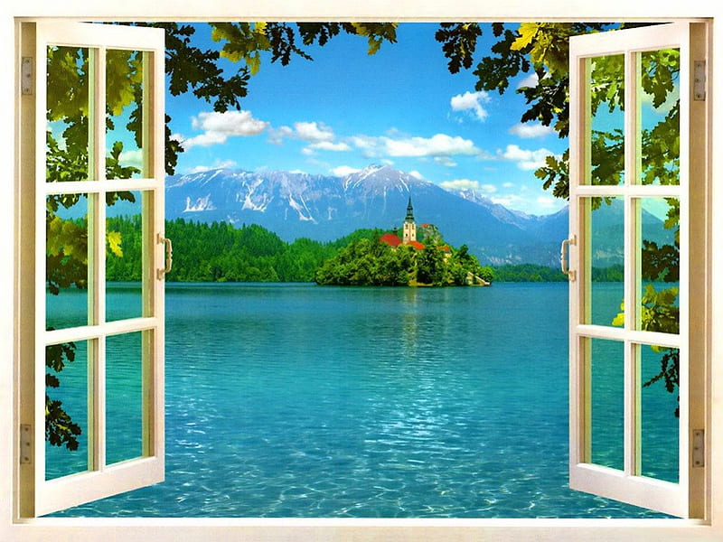 Window to beautiful island, clouds, mirrored, sea, green, reflection, blue, window, greenery, emerald, sky, trees, lake, water, summer, crystal, island, nature, castle, HD wallpaper