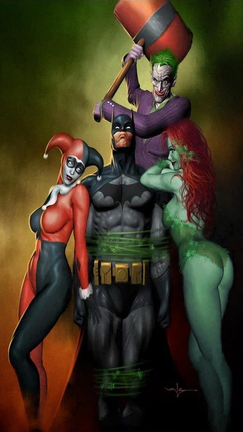 batmanjok, batman, harley quinn, ivy, joker, HD phone wallpaper
