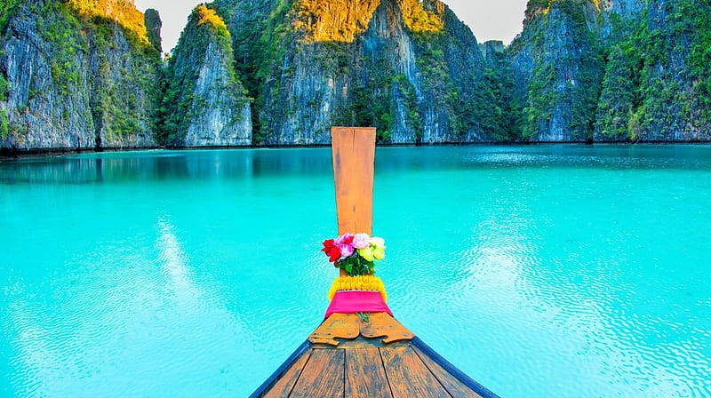 Crystal Turquoise Water, Thailand, ocean, bonito, Phi Phi Island, beach, boat, paradise, summer, fist light, sunrise, limestone pillars, HD wallpaper