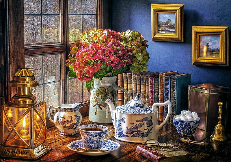 Tea Time, vase, flowers, painting, can, artwork, porcelain, cups, table, window, books, HD wallpaper