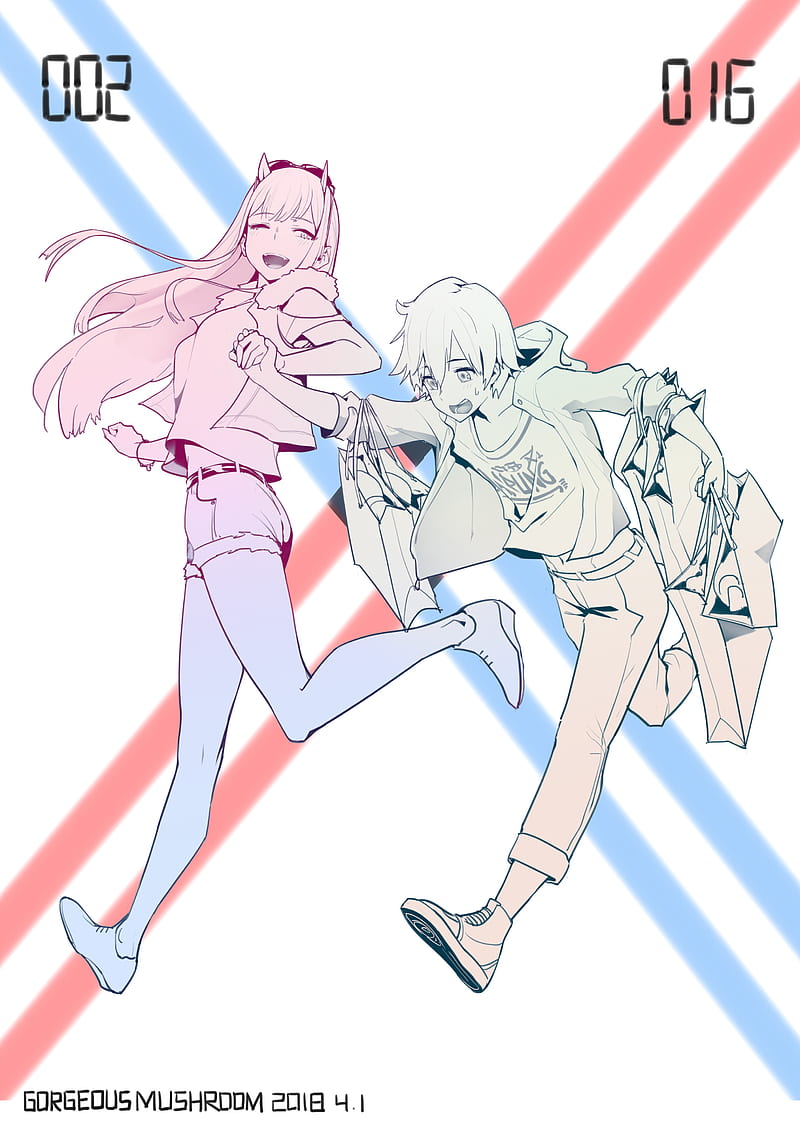 Darling in the FranXX, Zero Two (Darling in the FranXX), Code:016 (Hiro) , simple background, 2D, running, white t-shirt, thighs, sideboob, jean shorts, holding hands, open mouth, happy face, one eye closed, blushing, long hair, short hair, horns, belly, anime boys, anime girls, fan art, anime, vertical, sweatdrop, open jacket, Gorgeous Mushroom, couple, looking below, demon horns, HD phone wallpaper