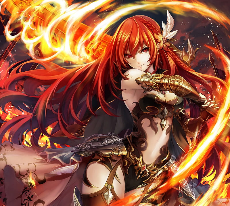 Fire Sword, red, pretty, orange, yellow, bonito, woman, sweet, gloves, anime, beauty, anime girl, weapon, long hair, sword, female, lovely, black, red hair, armor, fire, flames, girl, lady, knight, HD wallpaper