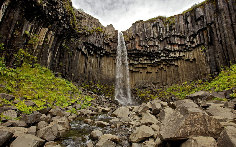 Svartifoss Waterfall, Skaftafell, Black waterfall, Iceland, rocks, HD wallpaper