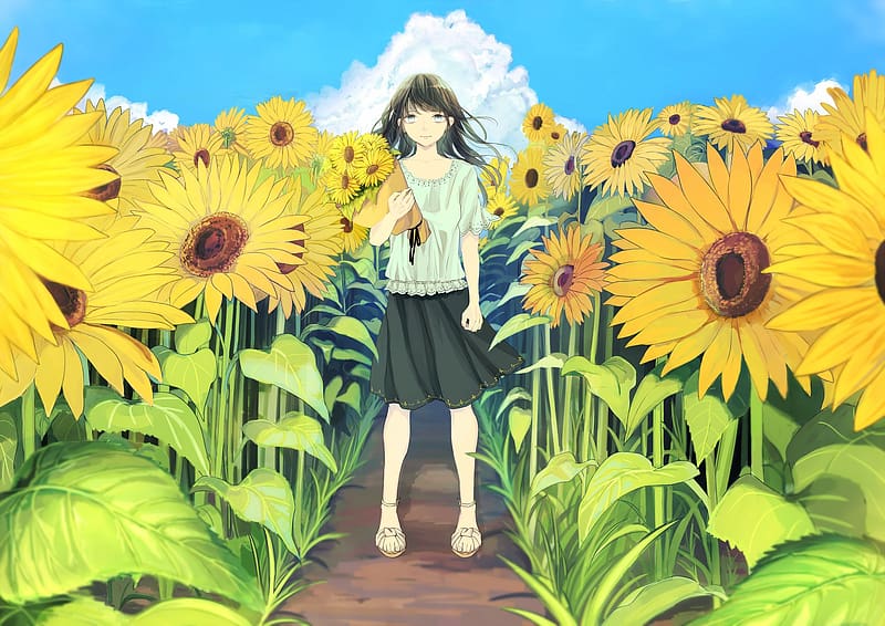 Waiting, manga, yellow, sunflower, girl, green, anime, summer, shoufu,  realistic, HD wallpaper | Peakpx