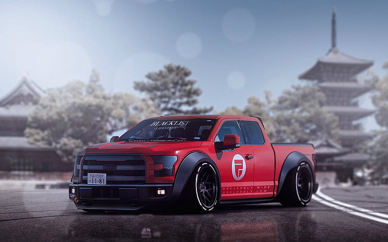 Ford F-150 Raptor, tuning, 2017 cars, low rider, SUVs, red F-150, pickups, Ford, HD wallpaper