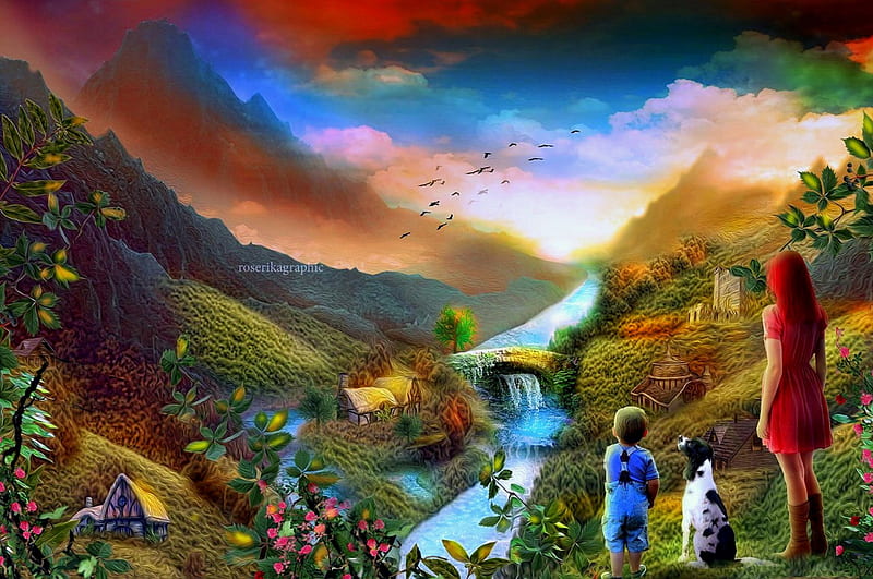 ~View of Contemplation~, pretty, stunning, cottages, children, panoramic view, attractions in dreams, bonito, digital art, landscapes, girls, scenery, butterfly designs, rivers, dog, models, lovely, bridges, love four seasons, creative pre-made, mixed media, weird things people wear, backgrounds, nature, HD wallpaper