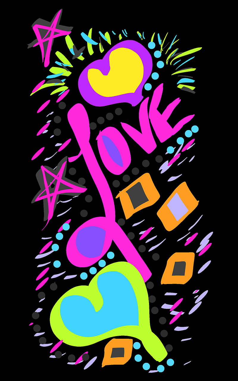 Funky Love, bright, colorful, drawing, heart, corazones, neon, shapes, sources, stars, HD phone wallpaper