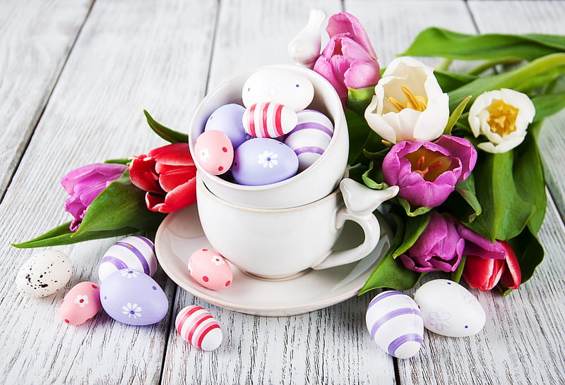 Holiday, Easter, Cup, Easter Egg, Flower, Still Life, Tulip, HD wallpaper