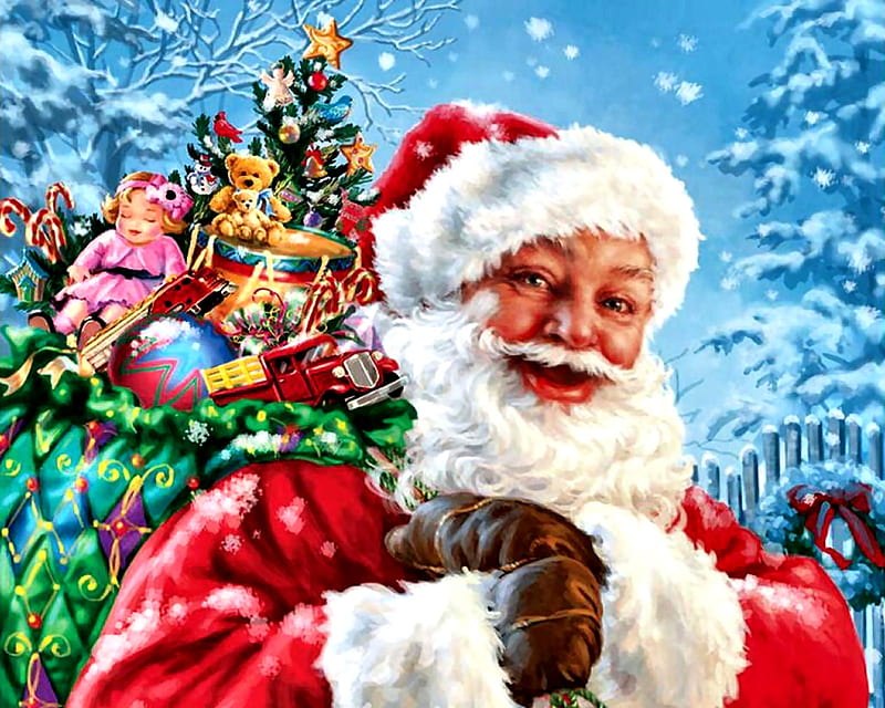 Santa's Magic Bag, Christmas, art, holiday, December, bonito, Santa, illustration, artwork, winter, snow, painting, wide screen, occasion, scenery, HD wallpaper