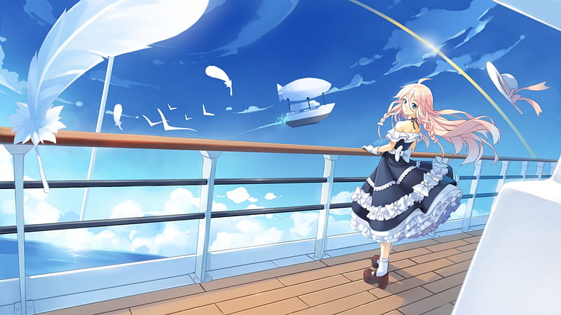 Fresh Air, pretty, dress, adorable, sweet, nice, anime, feather, blowing, anime girl, scenery, vocaloids, long hair, ia, vocaloid, female, lovely, blow, gown, wind, hat, braids, cute, kawaii, fly, girl, bird, windy, flying, pink hair, scene, HD wallpaper
