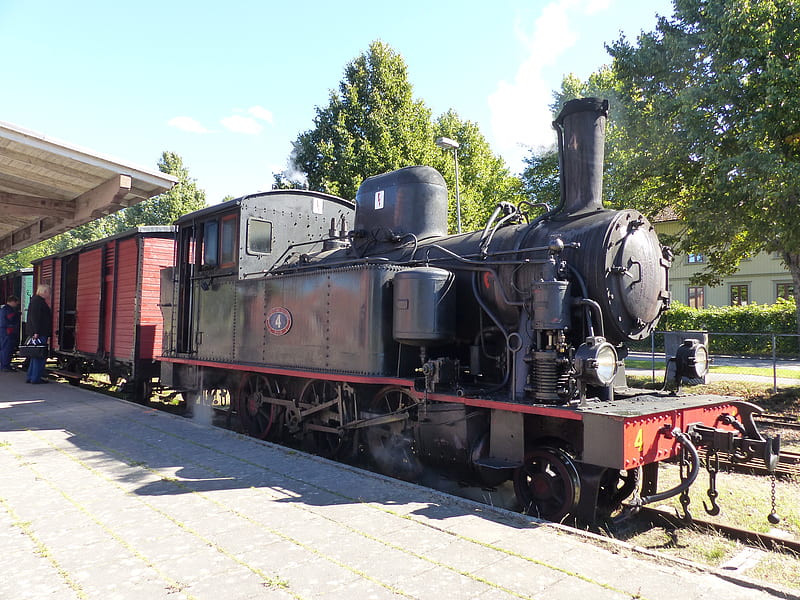 Old steam locomotive, people, summer, station, trees, wagons, steam-locomotive, HD wallpaper