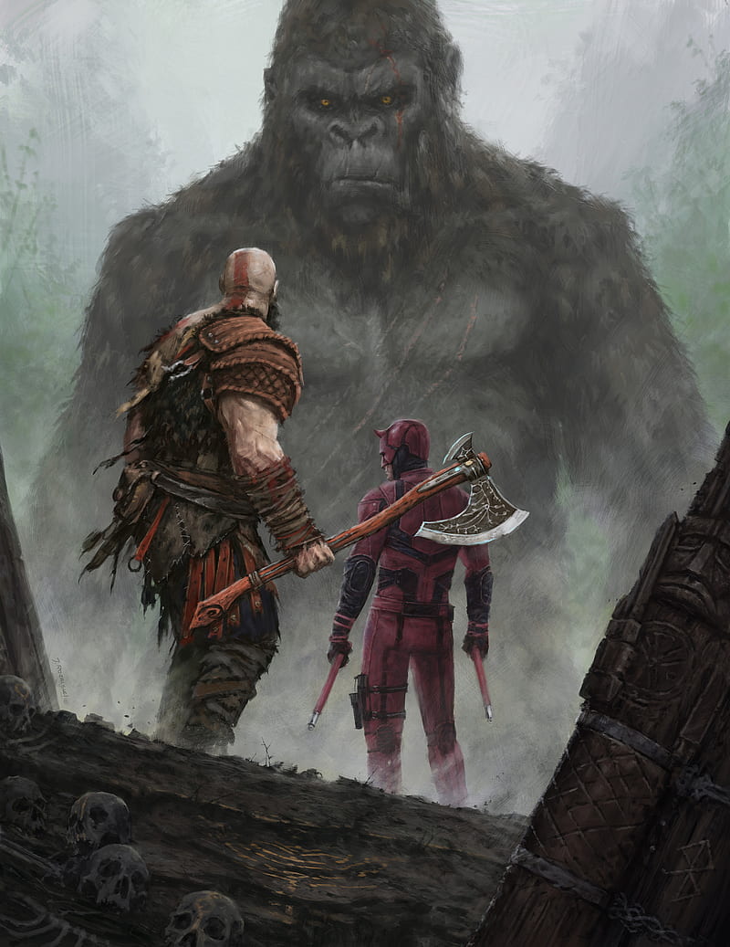God of War, Kratos, King Kong, Daredevil, crossover, God of War (2018), Kong: Skull Island, HD phone wallpaper