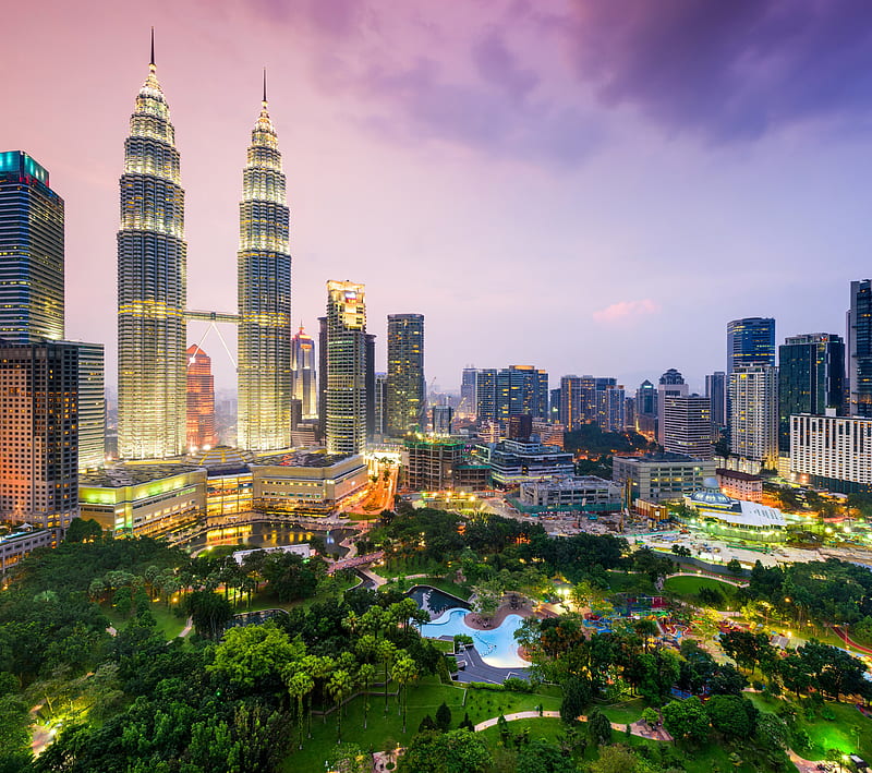 Malaysia, kuala lumpur, petronas towers, skyscrapers, trees, HD wallpaper