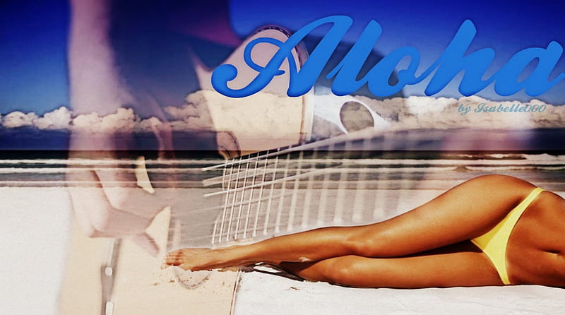 Aloha~, playing, beach, art, guitar, California, greeting, aloha, woman, HD wallpaper