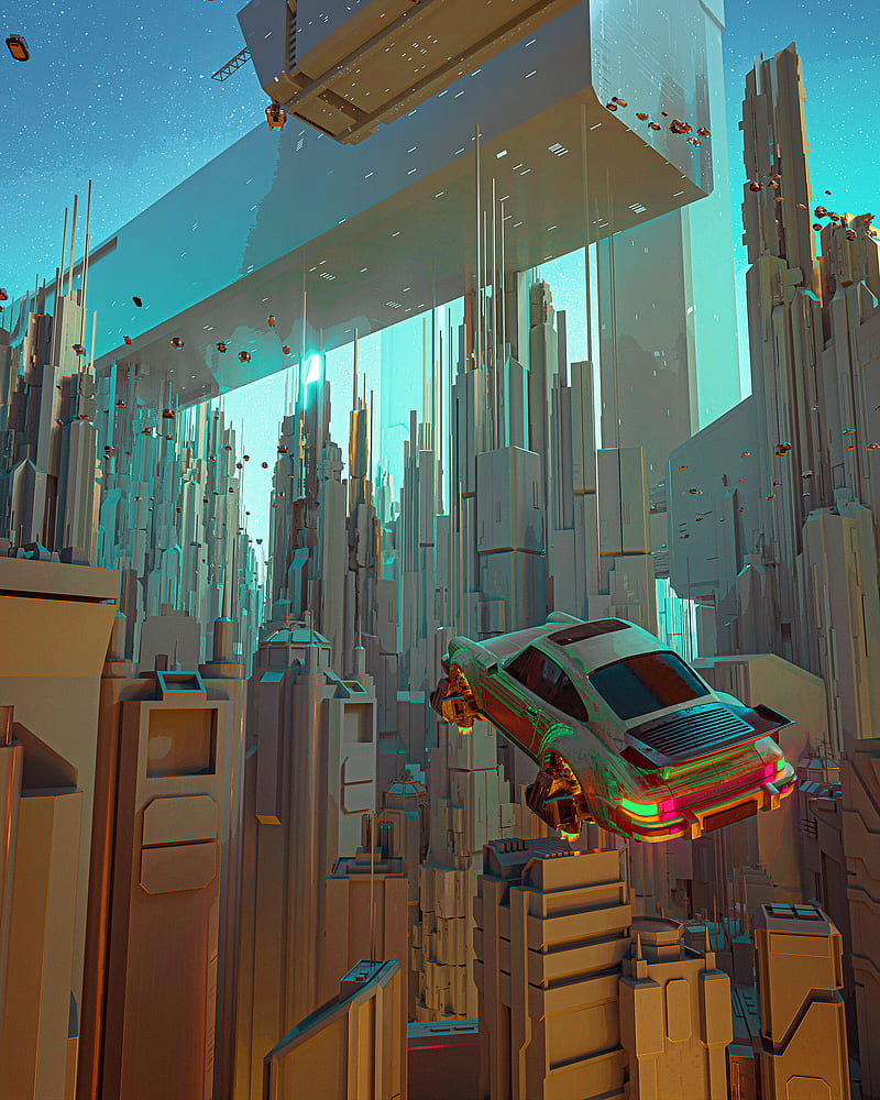 science fiction, artwork, cityscape, futuristic city, car, vehicle, CGI, render, Porsche, flying car, HD phone wallpaper