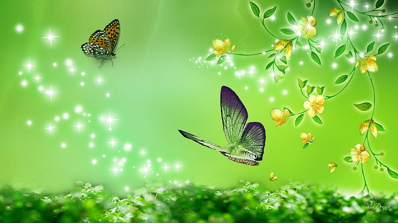 Summer Green, stars, grass, shine, butterflies, spring, sparkle, green,  summer, HD wallpaper | Peakpx