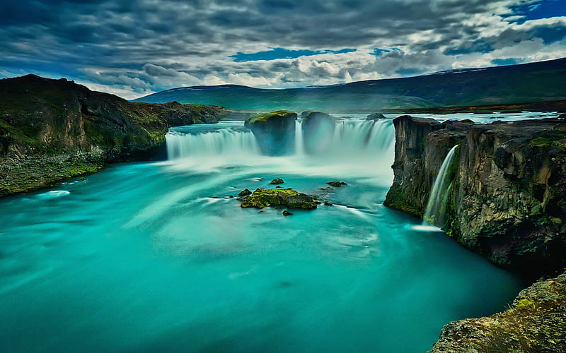 Godafoss, waterfalls, Akureyri, icelandic landmarks, beautiful nature, Iceland, Europe, Godafoss Waterfall, HD wallpaper