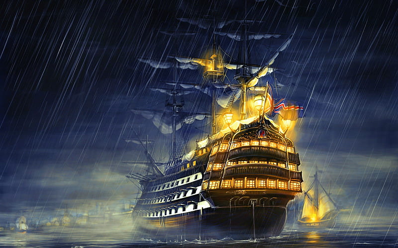 Pirate ship, bonito, pirate, sea, nice, boat, light, night, lovely, wind, sky, storm, mist, adventure, water, ship, rain, rough, HD wallpaper