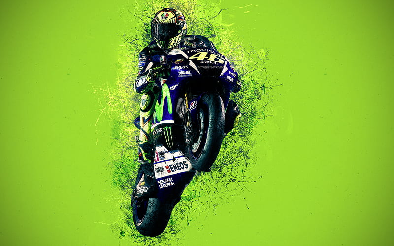 Valentino Rossi grunge style, creative art, MotoGP, Italian motorcycle racer, Movistar Yamaha team, Yamaha YZR-M1, bright colors, splashes, green grunge background, HD wallpaper