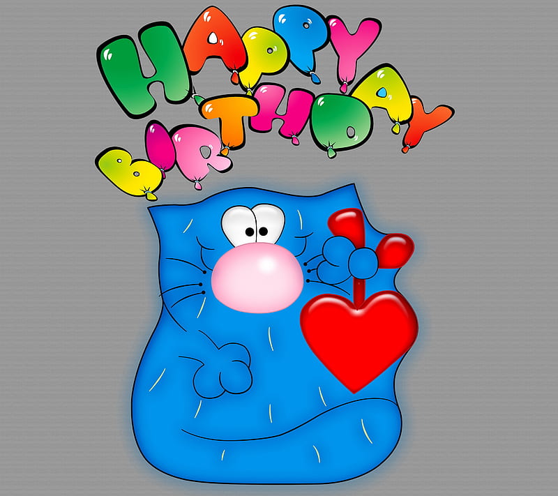 Happy Birtay, blue, cat, funny, heart, HD wallpaper