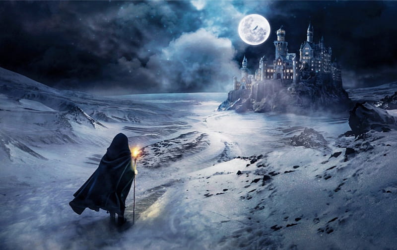 The Wanderer, mystery, fantasy, black, moonlight, cloak, man, castle, night, HD wallpaper