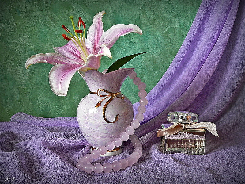 still life, perfume necklace, vase, bonito, elegantly, graphy, nice, cool, purple, flower, lily, beads, pink, harmony, HD wallpaper