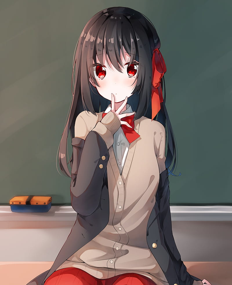 anime schol girl, black hair, classroom, ribbon, hand, sweater, Anime, HD phone wallpaper