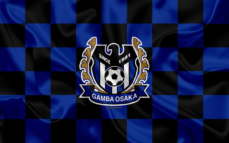Gamba Osaka logo, creative art, blue black checkered flag, Japanese football club, J1 League, J League Division 1, emblem, silk texture, Osaka, japan, football, G-Osaka, HD wallpaper