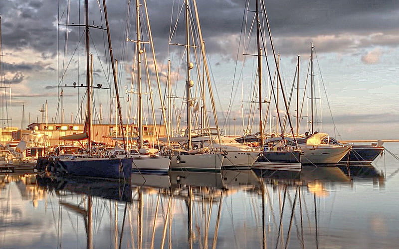 Cagliari Marina, Italy, Italy, sailboats, yachts, marina, water, reflection, HD wallpaper