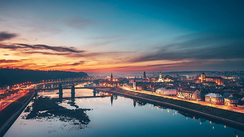Aerial View Of City Kaunas Lithuania With Reflection On River During Sunset Travel, HD wallpaper