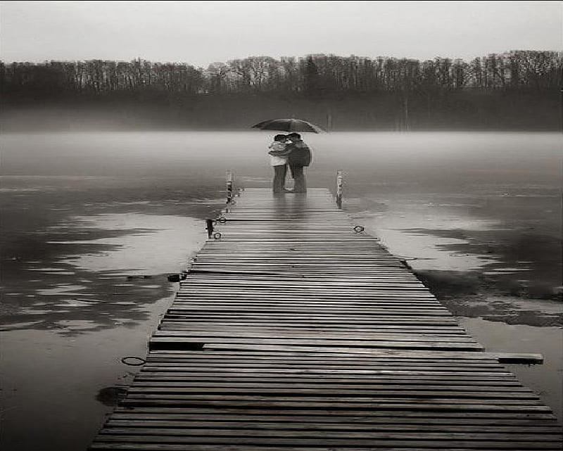 rainy-love-romance-bridge, romance, umbrella, trees, sky, clouds, water, bridge, nature, rain, couple, rivers, HD wallpaper