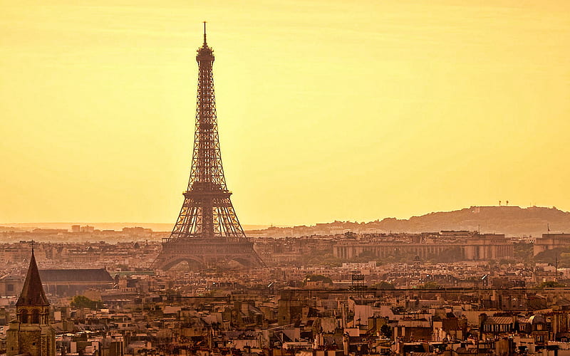 Eiffel Tower, Paris, evening, sunset, Paris cityscape, landmark, France, HD wallpaper