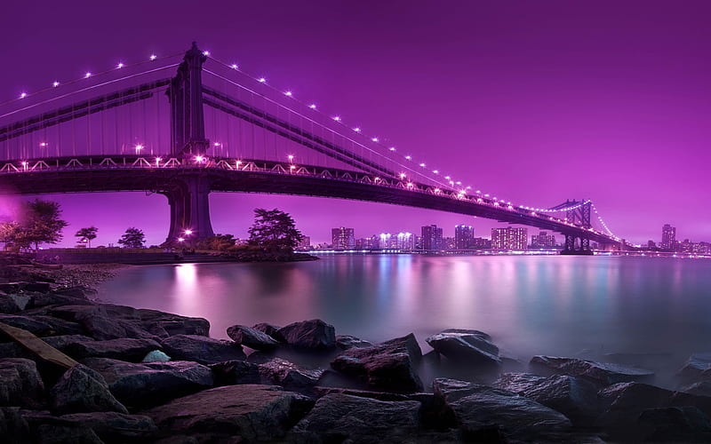 Manhattan Bridge, manhatten, river, purple, bridge, HD wallpaper