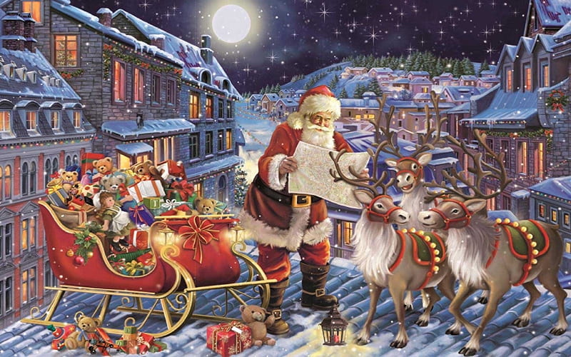 Santa Looking For Directions, sleigh, roof, christmas, holiday, Santa, Houses, reindeer, map, gifts, HD wallpaper