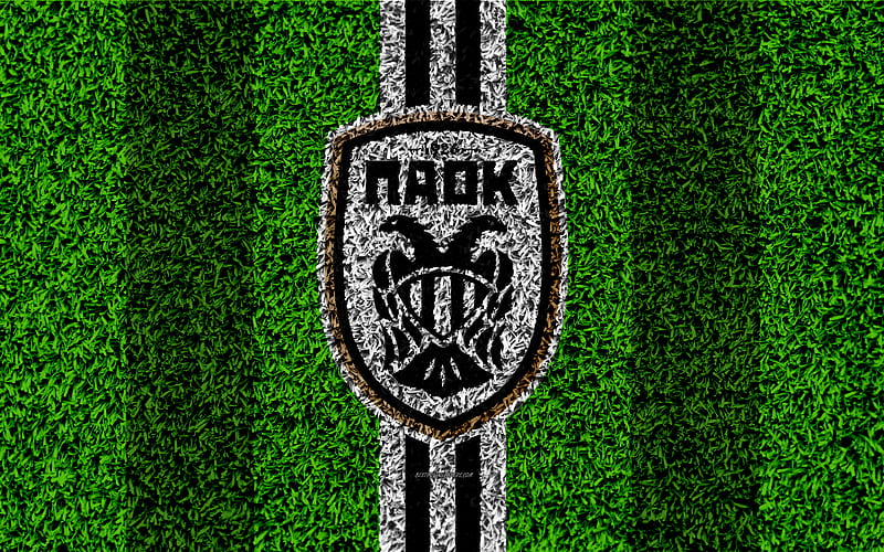 PAOK FC, logo football lawn, Greek football club, black and white lines, grass texture, Thessaloniki, Greece, Superleague Greece, football, HD wallpaper