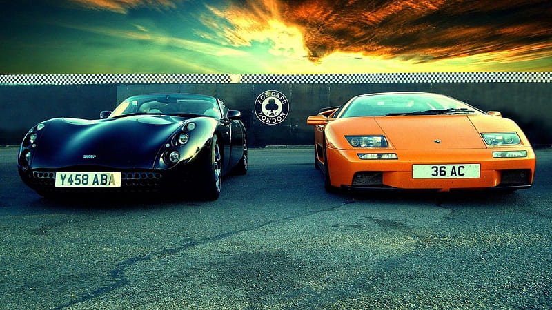 brithish tvr and italian lambroghini, carros, parked, sunset, clouds, wall, HD wallpaper