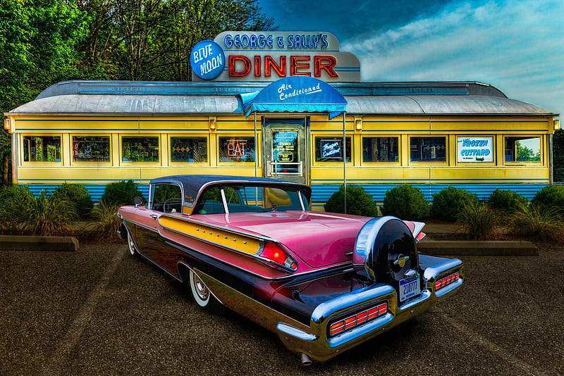 Classic Car & Vintage Diner, classic car, american, diner, vintage, HD wallpaper